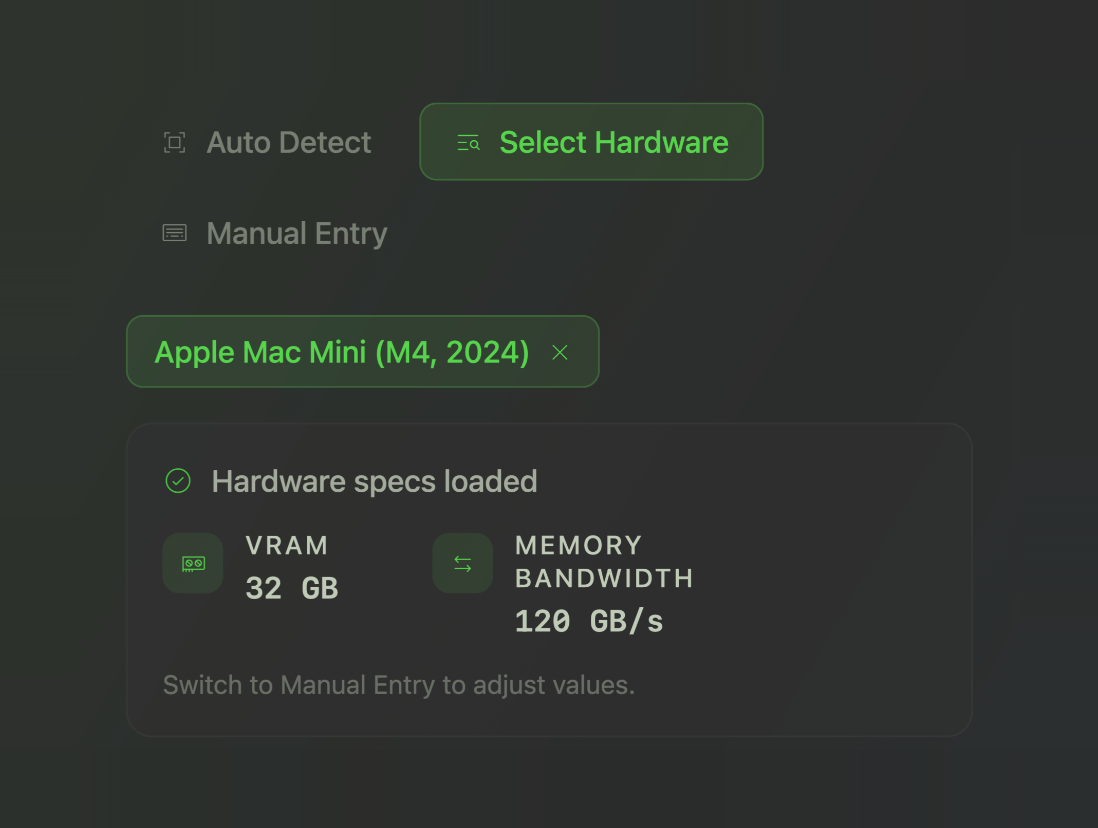Selecting hardware in the calculator